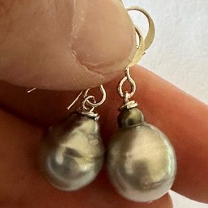HANDMADE 10mm Wide Baroque REAL Tahitian Pearl Earrings - 925 Sterling Silver